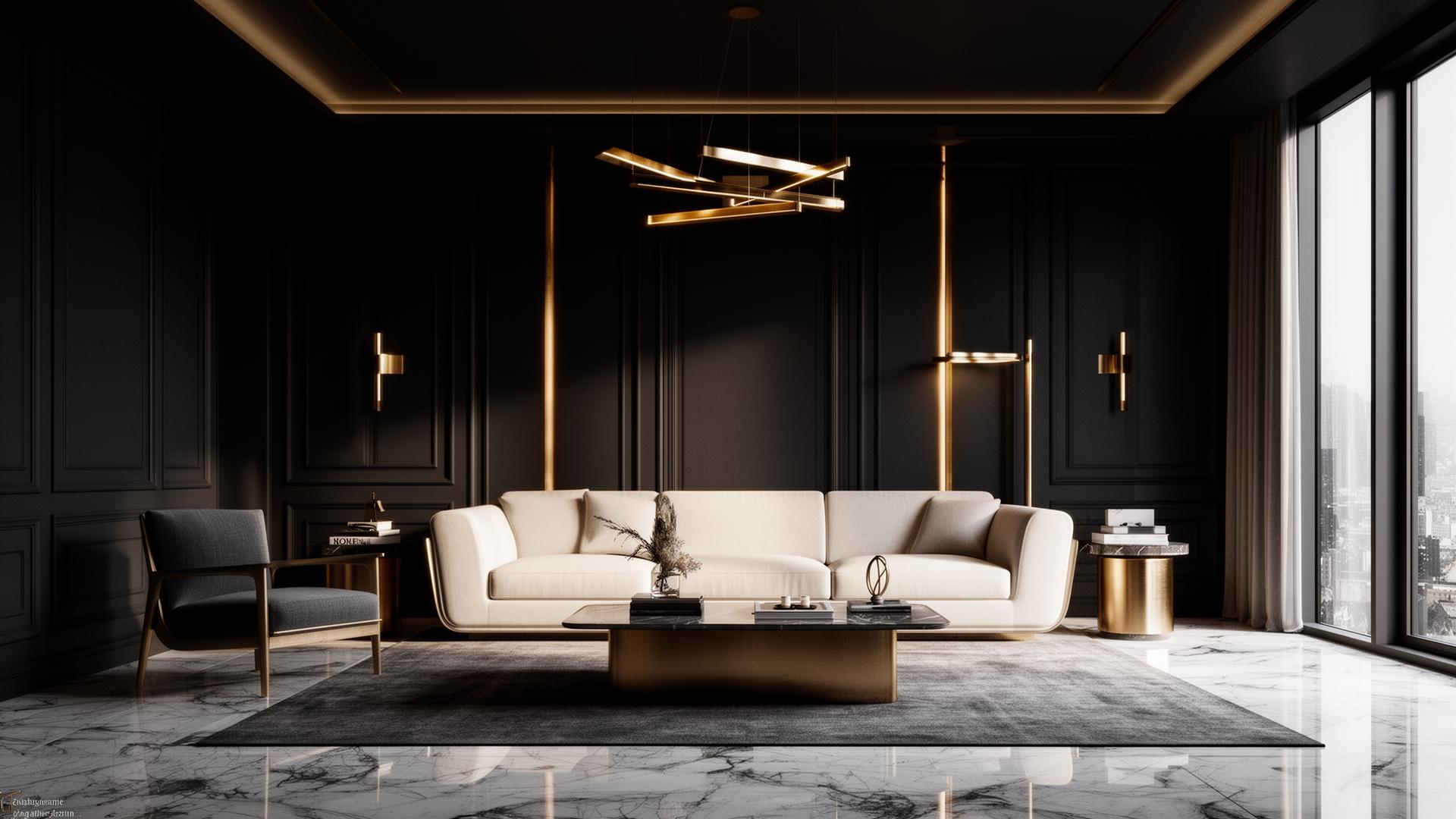 Charcoal living room with brushed gold lighting